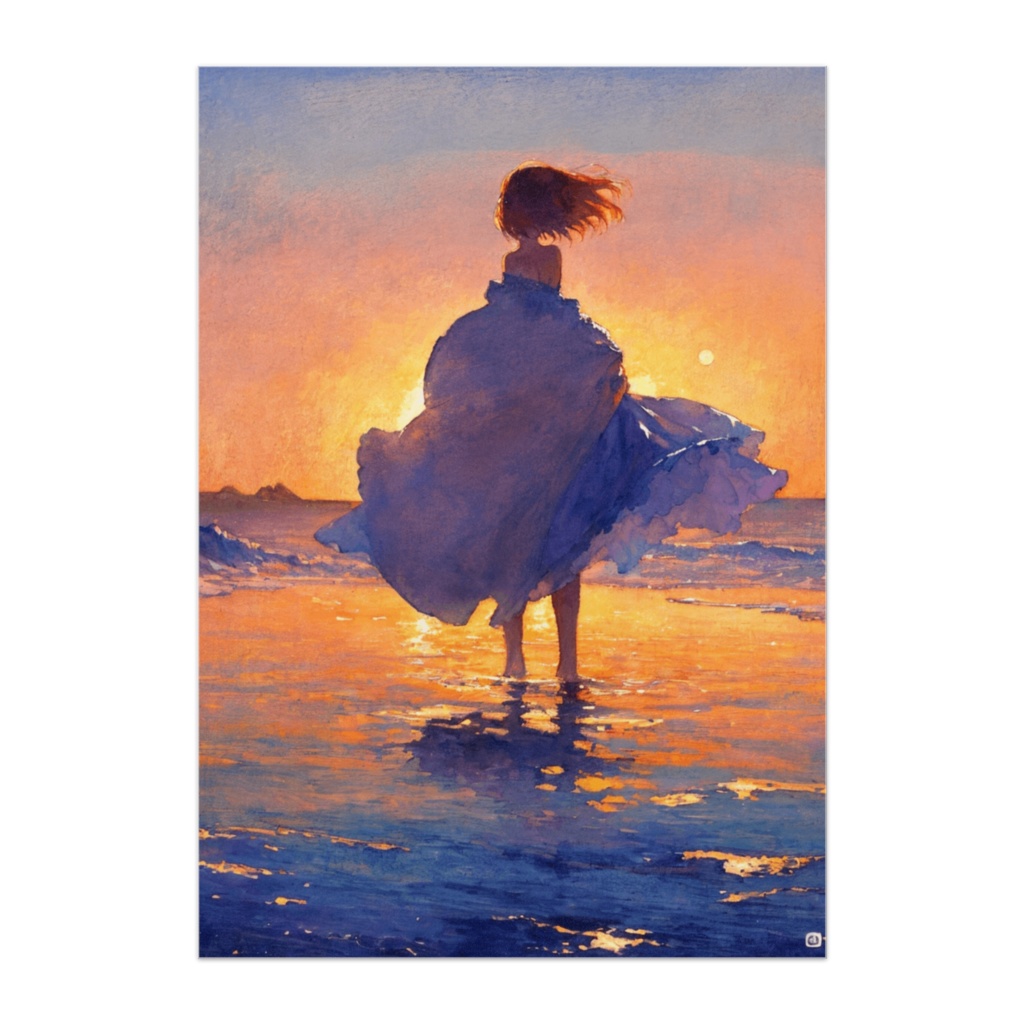 夕暮れの海に立つ少女 ― 水彩油彩ミックス風アート