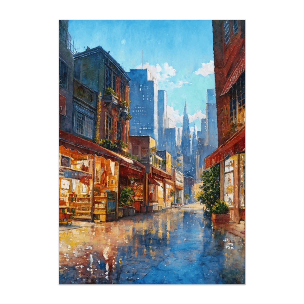 雨上がりの街角 ― 水彩油彩ミックス風シティスケープ