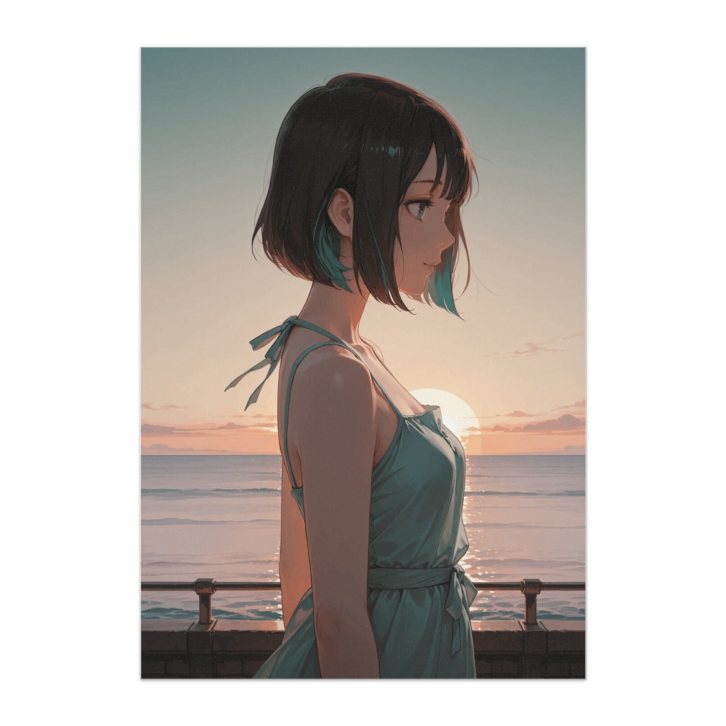 夕陽に染まる海辺のボブヘアの女性