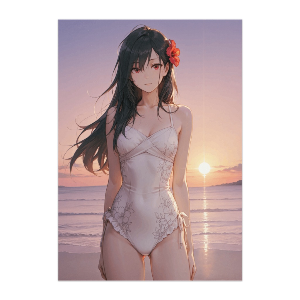 夕暮れの浜辺と白のワンピース水着