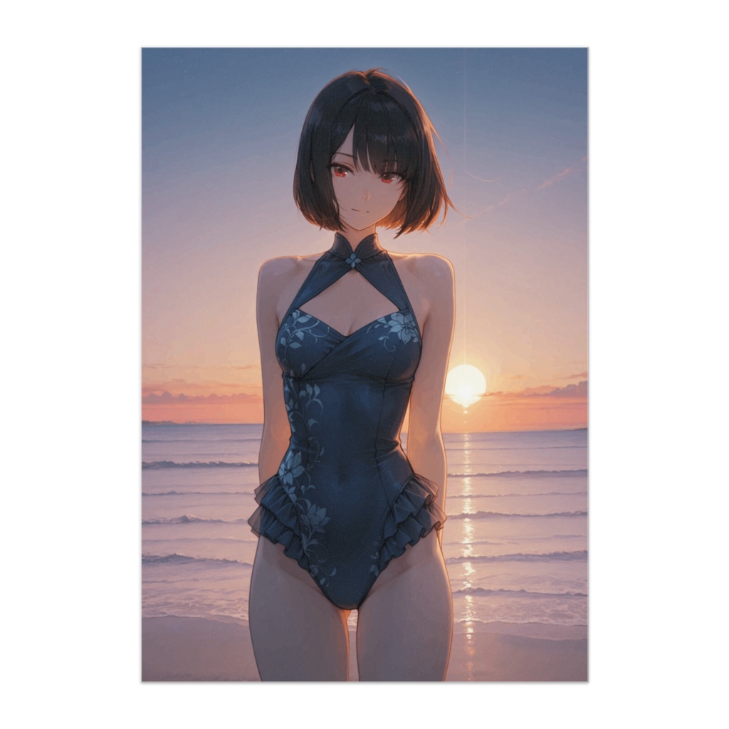 ネイビー水着と静かな夕暮れ