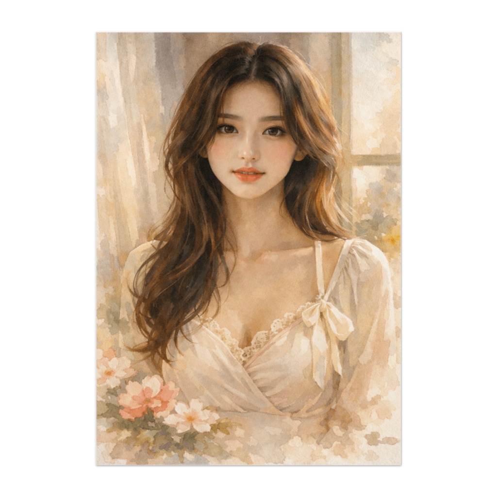 やわらかな午後 ― 花に包まれた彼女（水彩風）