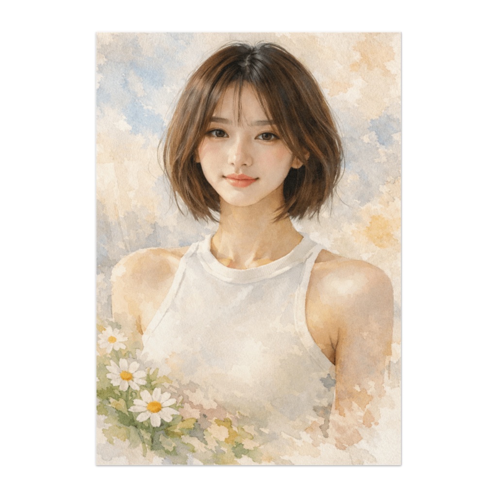 静かな微笑み ― 白と花の調和（水彩風）