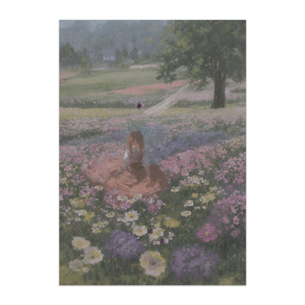 花風に舞う少女 ― 水彩油絵風フラワーフィールドアートポスター