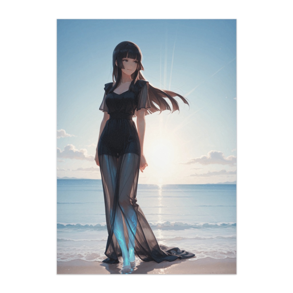 夕景の海とブラックドレス女性ポスター