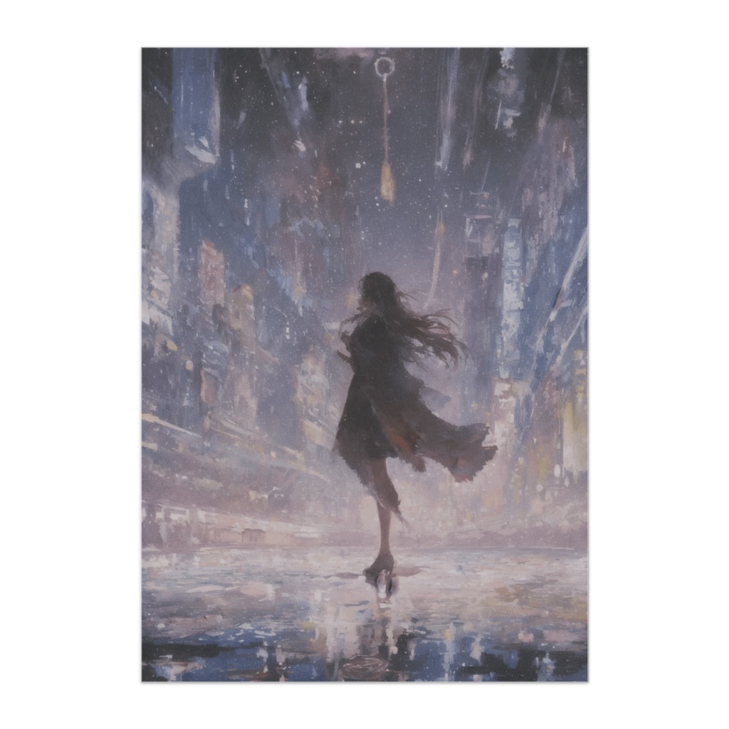 雨夜のシルエットと光の街（水彩油彩アート風ポスター）