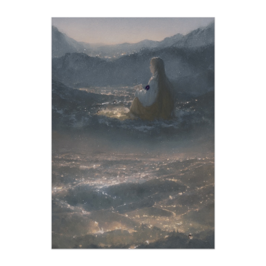 山夜景と静かなシルエット（水彩油彩アート風ポスター）