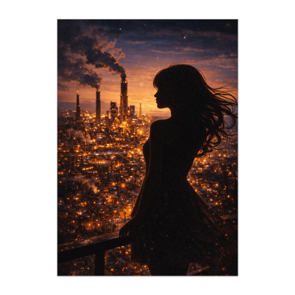 工場夜景と女性シルエットアートポスター
