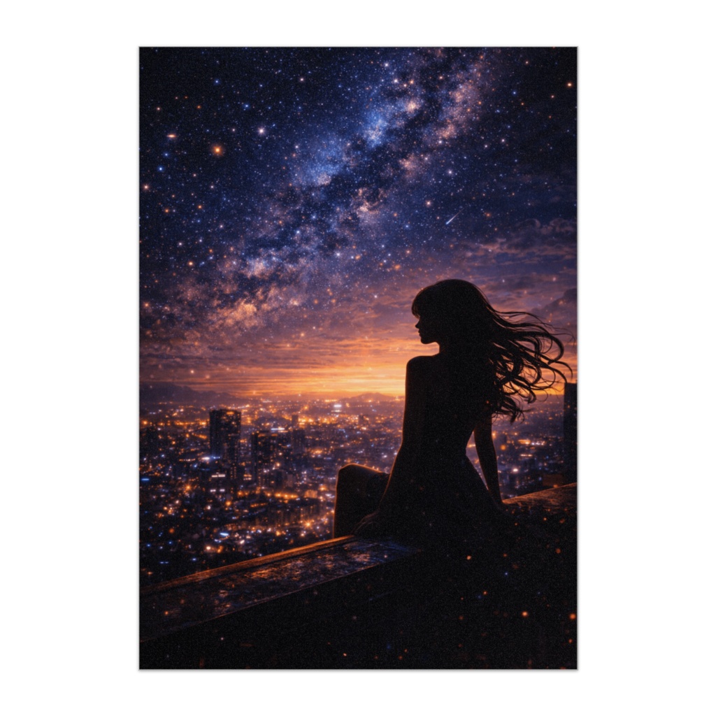 星空と都市夜景シルエットポスター