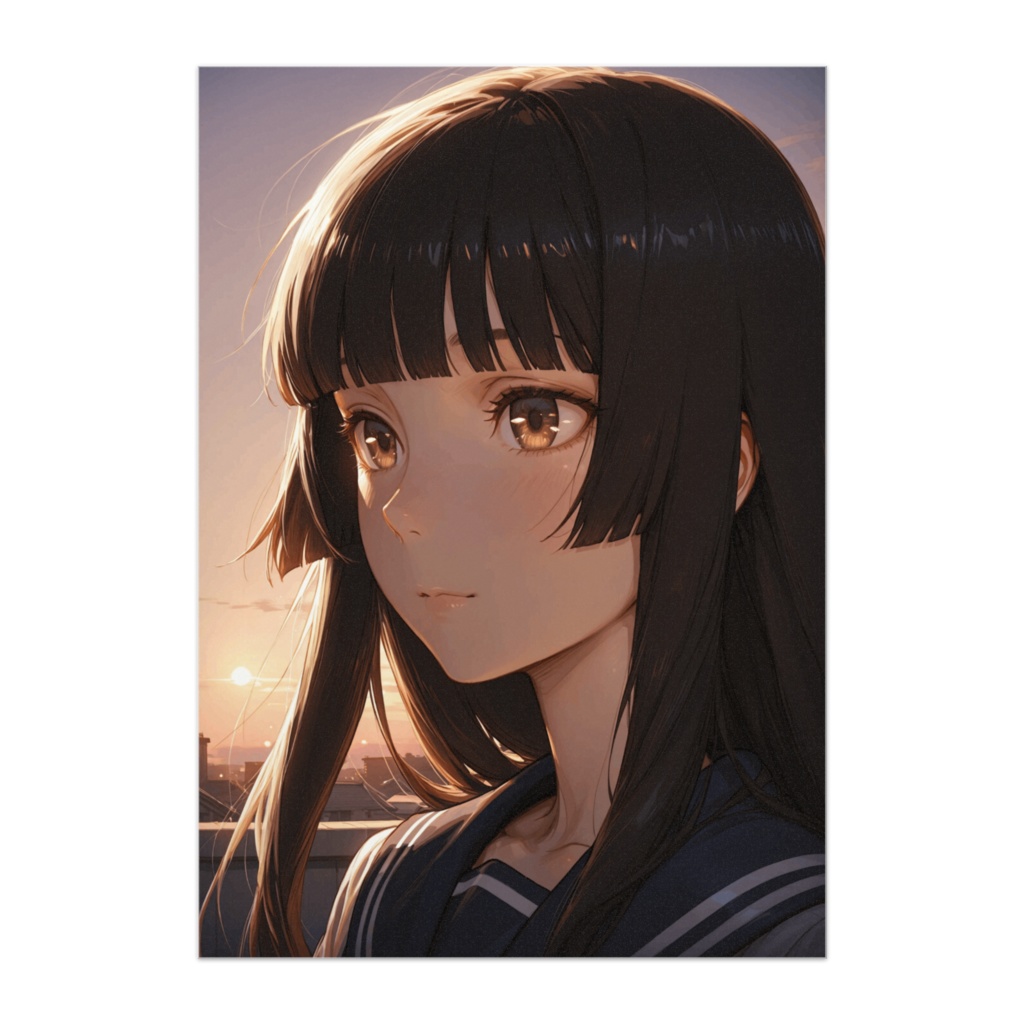 夕暮れの光と姫髪の少女 ― 静かな青春アートポスター