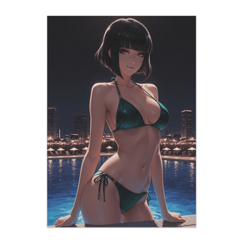 クールボブ美女のナイトプールアートポスター