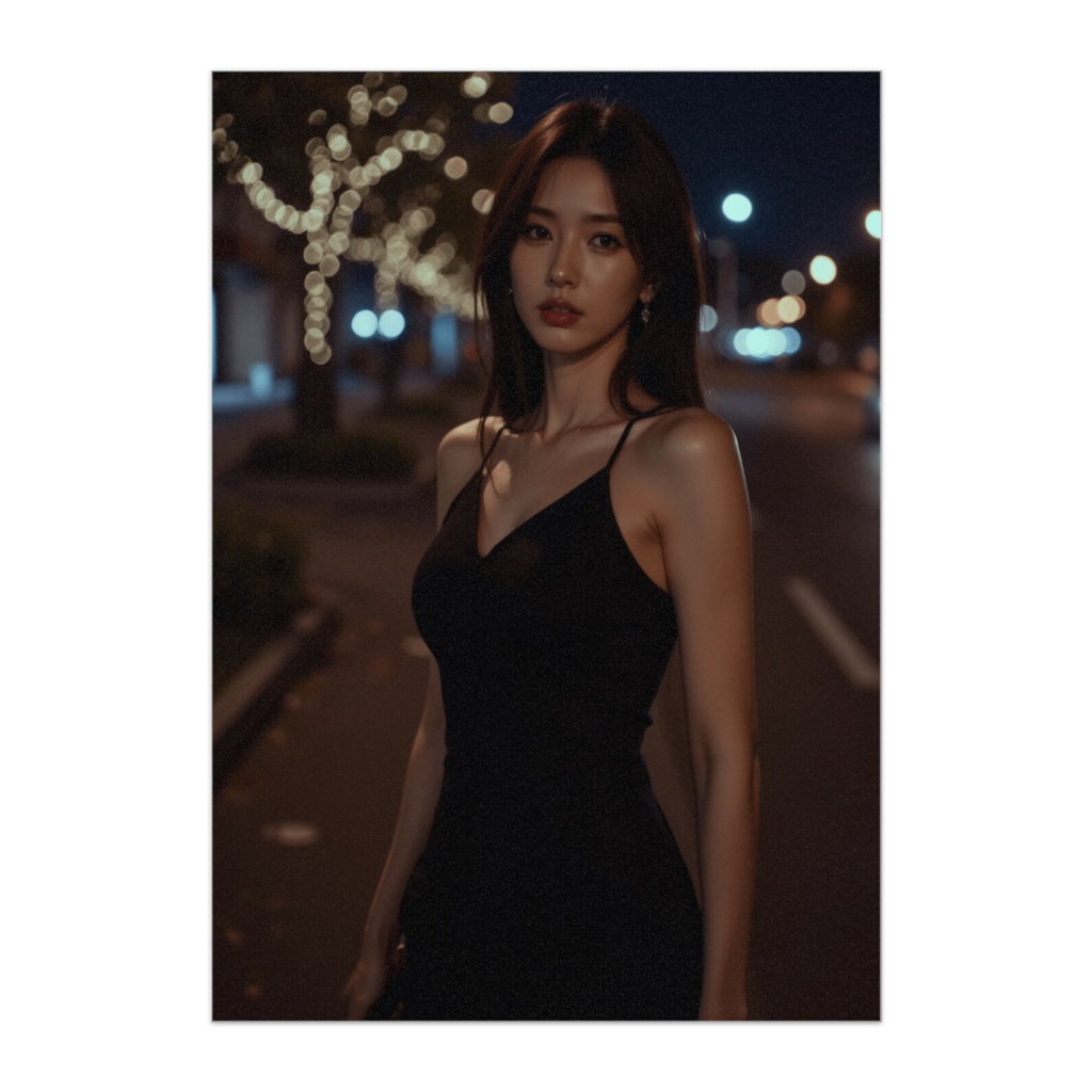 夜景とブラックドレスのシネマティックポスター