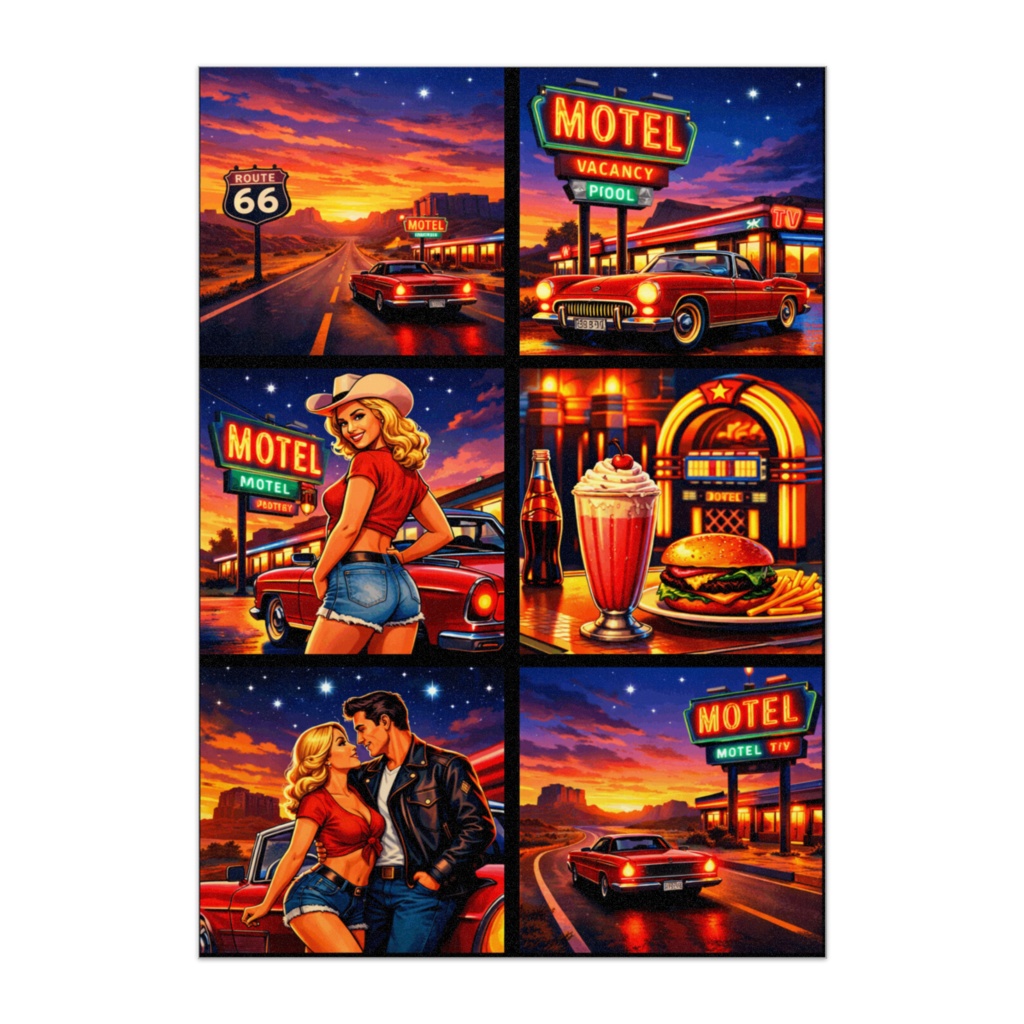 Route66ナイトロード ― ネオンモーテルポップアートポスター