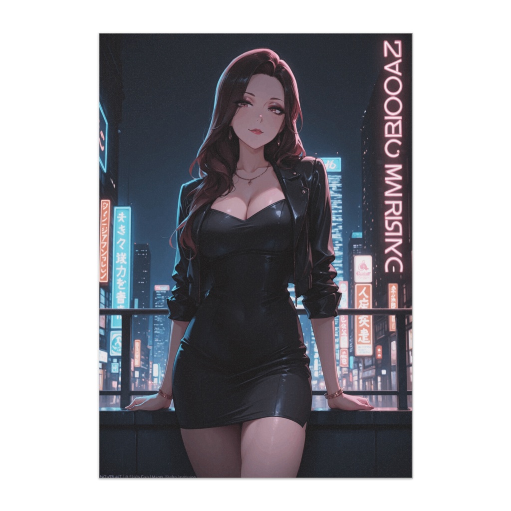 ネオンシティの黒ドレス美女ポスター