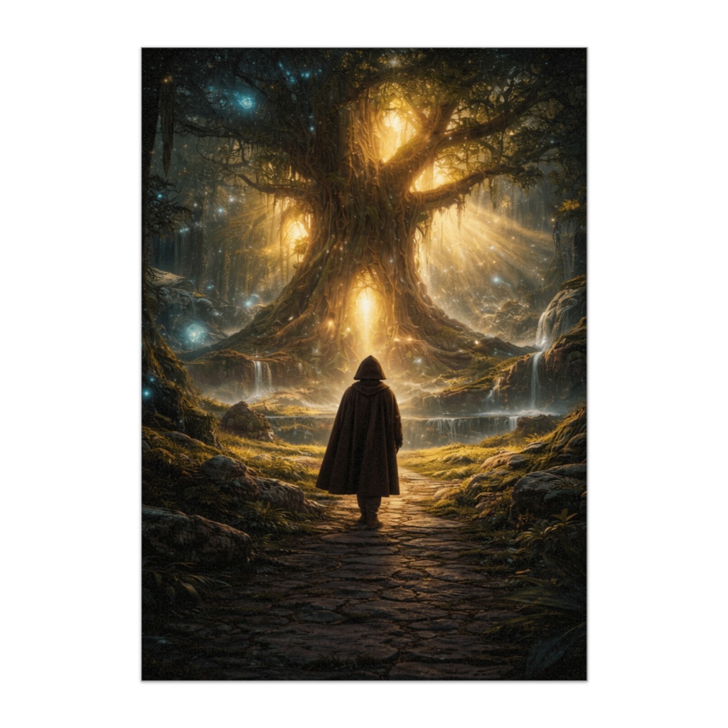 光の巨木と旅人ポスター（神秘ファンタジー森アート）
