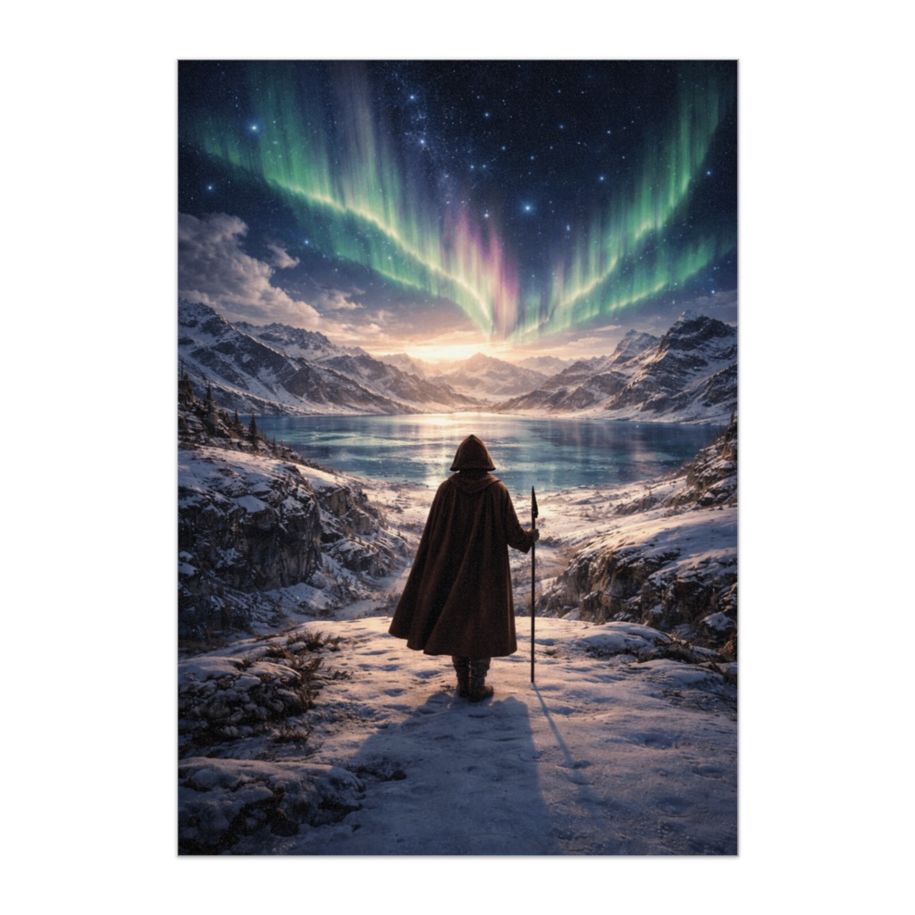 オーロラの雪原と旅人ポスター（幻想雪景色ファンタジーアート）