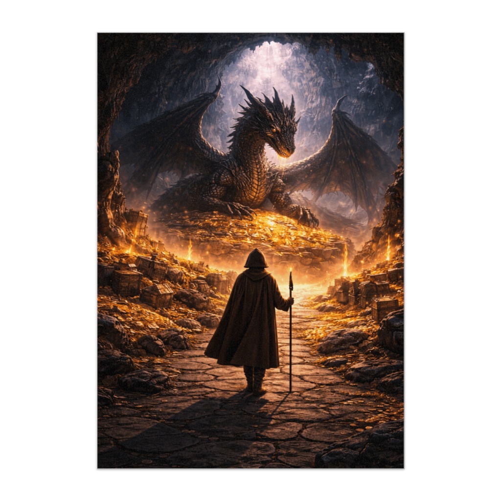 ドラゴンの洞窟と旅人ポスター（幻想ファンタジーアート）