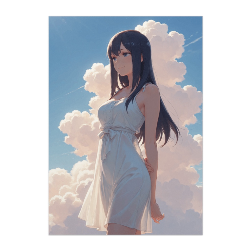 青空と白ワンピの透明感ポスター（現代アニメイラスト風）