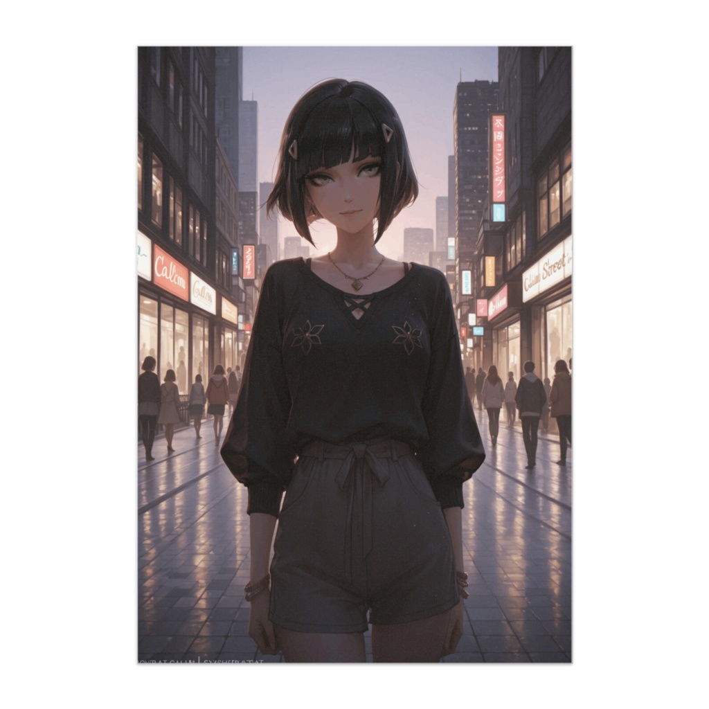 都会夕景ポートレートポスター（現代アニメイラスト風）
