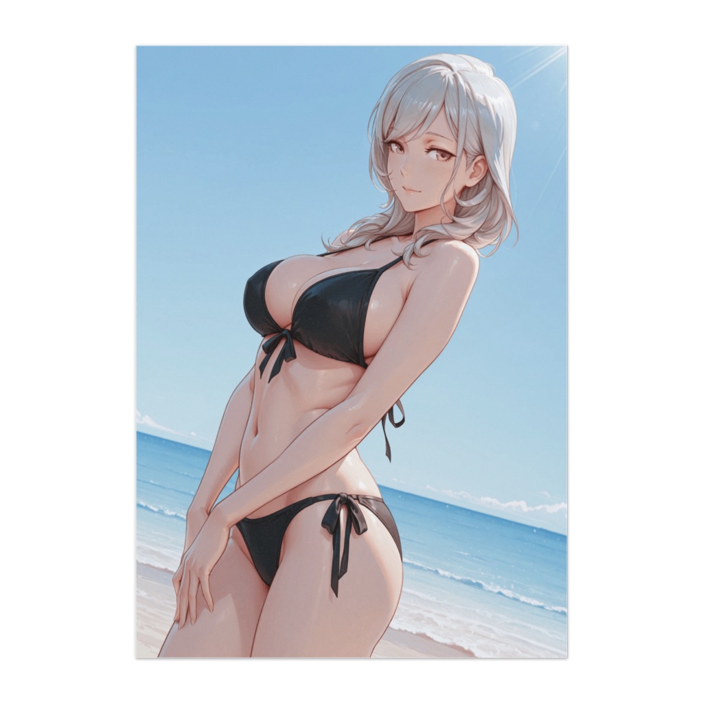 透明感ビーチポートレート ブラックビキニ美女ポスター