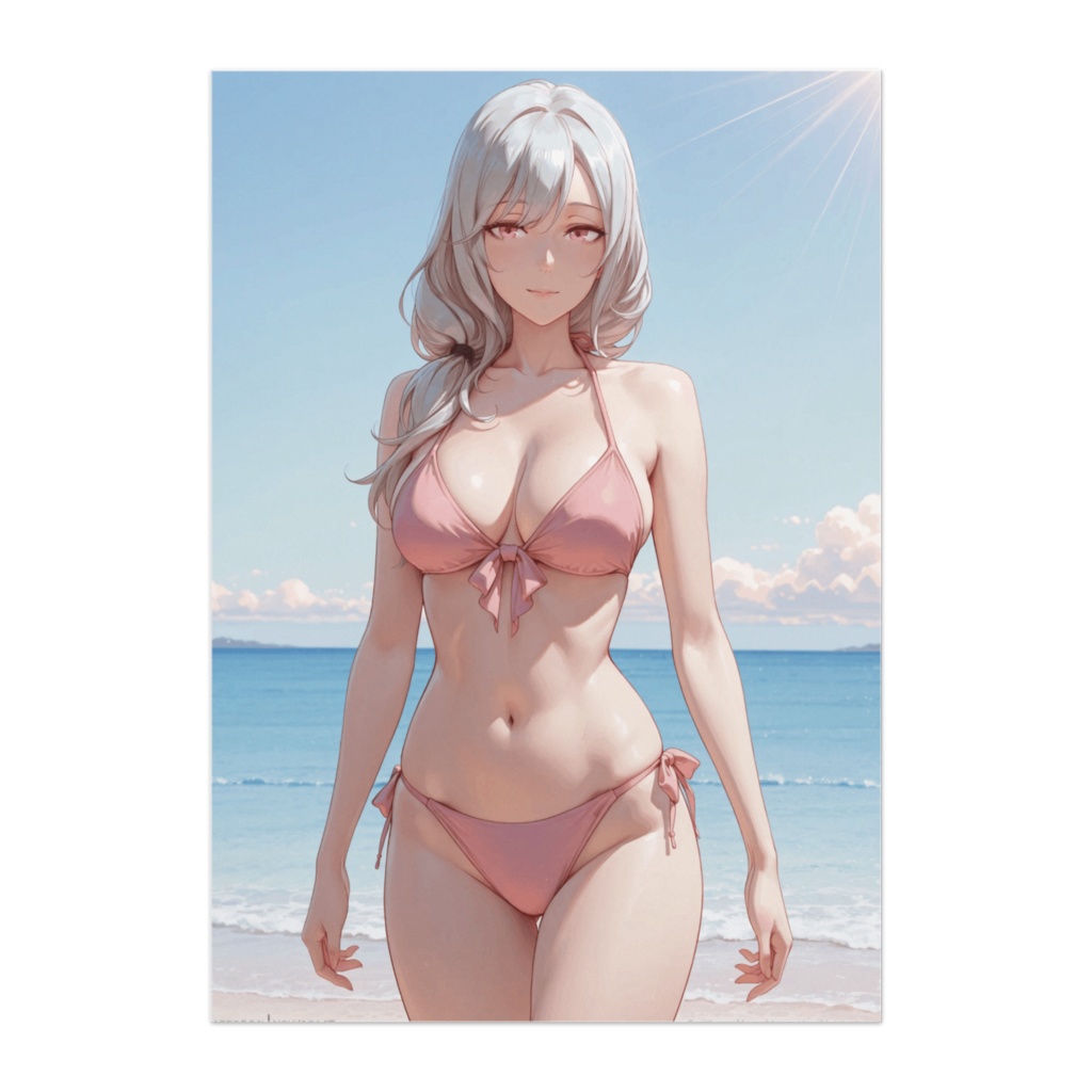 ピンクビキニビーチポスター 柔らかな夏の透明感アート