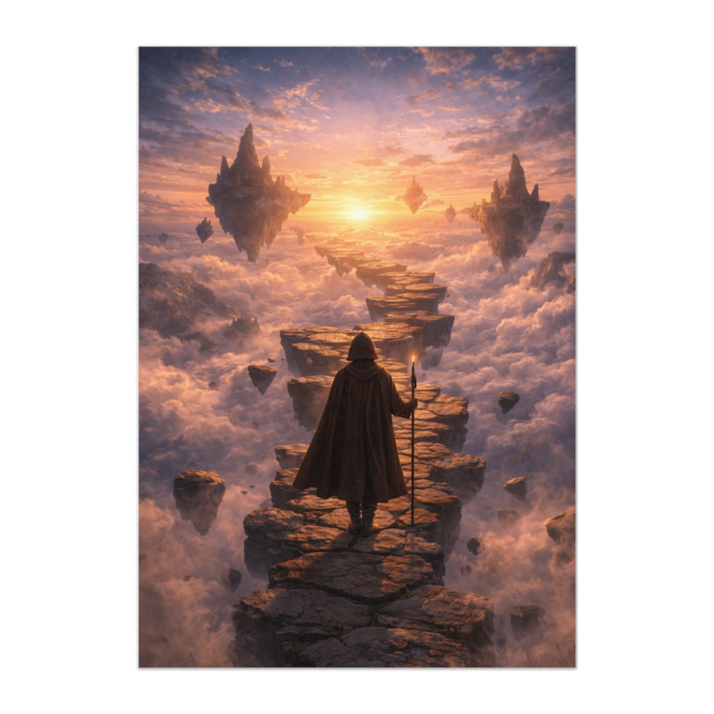 天空の浮遊岩を歩く旅人 ― ファンタジー絶景ポスター