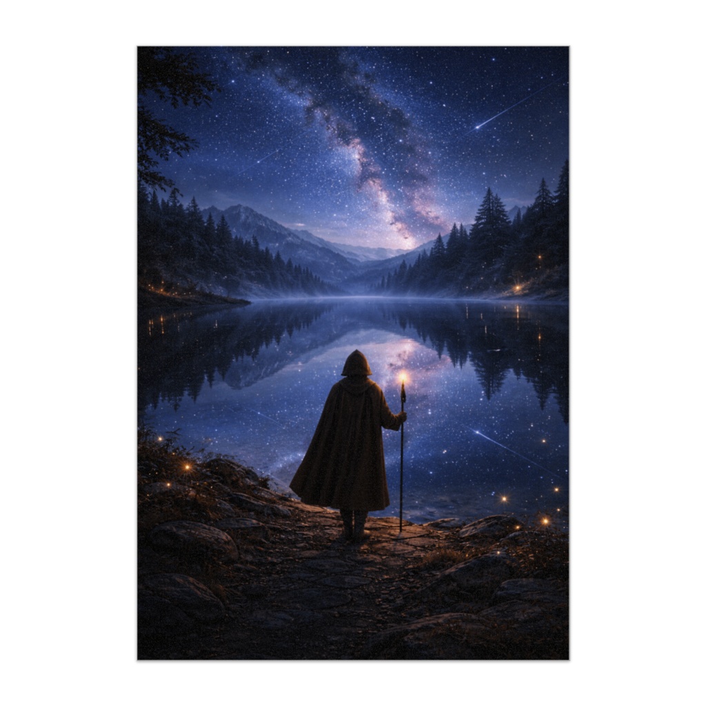 星空を映す湖と旅人 ― 幻想ファンタジー風景ポスター