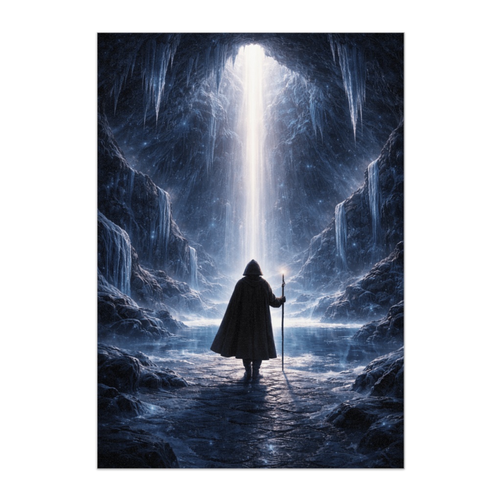 光柱に導かれる旅人 ― 氷の洞窟ファンタジーポスター