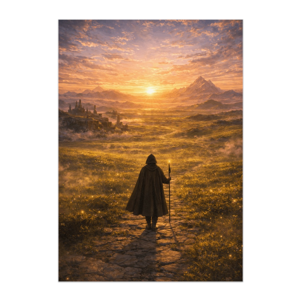 黄金の草原を歩く旅人 ― 幻想ファンタジー絶景ポスター