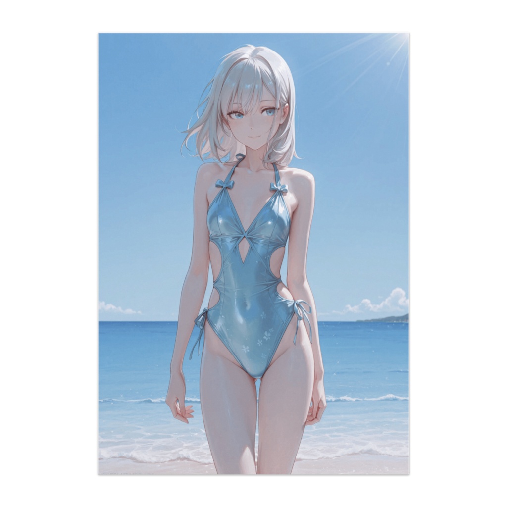 夏の透明感ビーチガール・ブルーワンピース水着ポスター