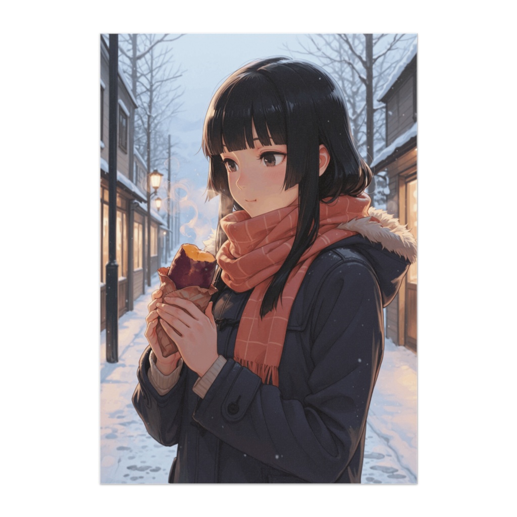 雪の街角と焼き芋のぬくもり|冬アニメポスター
