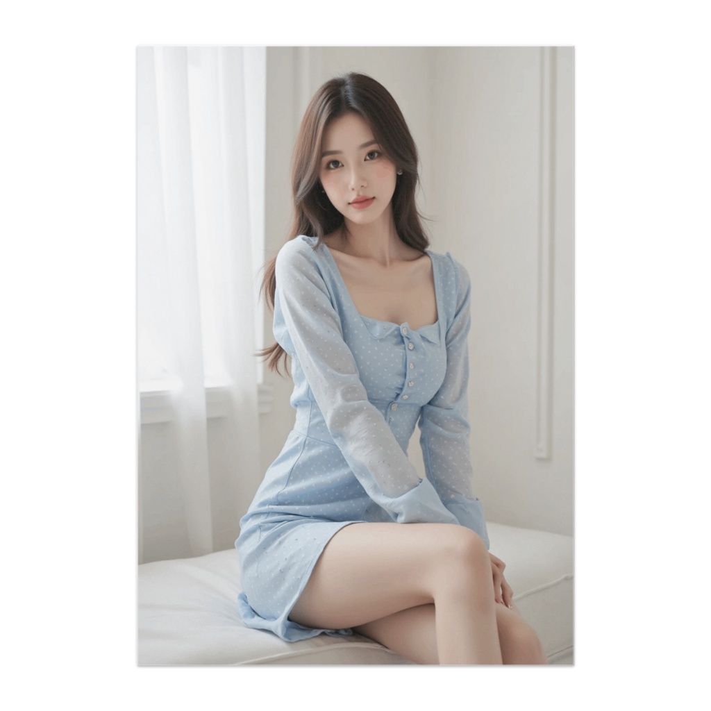 ペールブルーワンピース美人ポスター（ナチュラル光ポートレート）