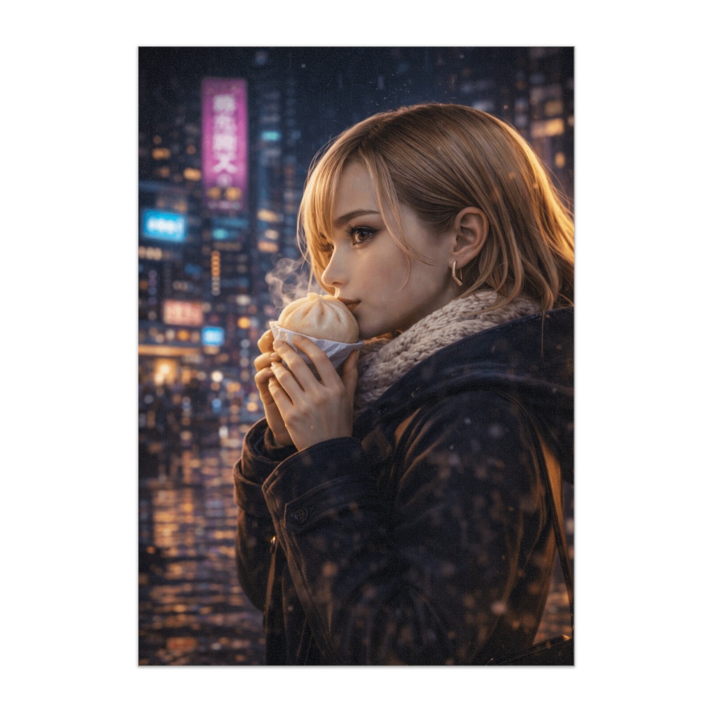 ネオン街の肉まん美人ポスター｜冬のシネマティック都市スナップ