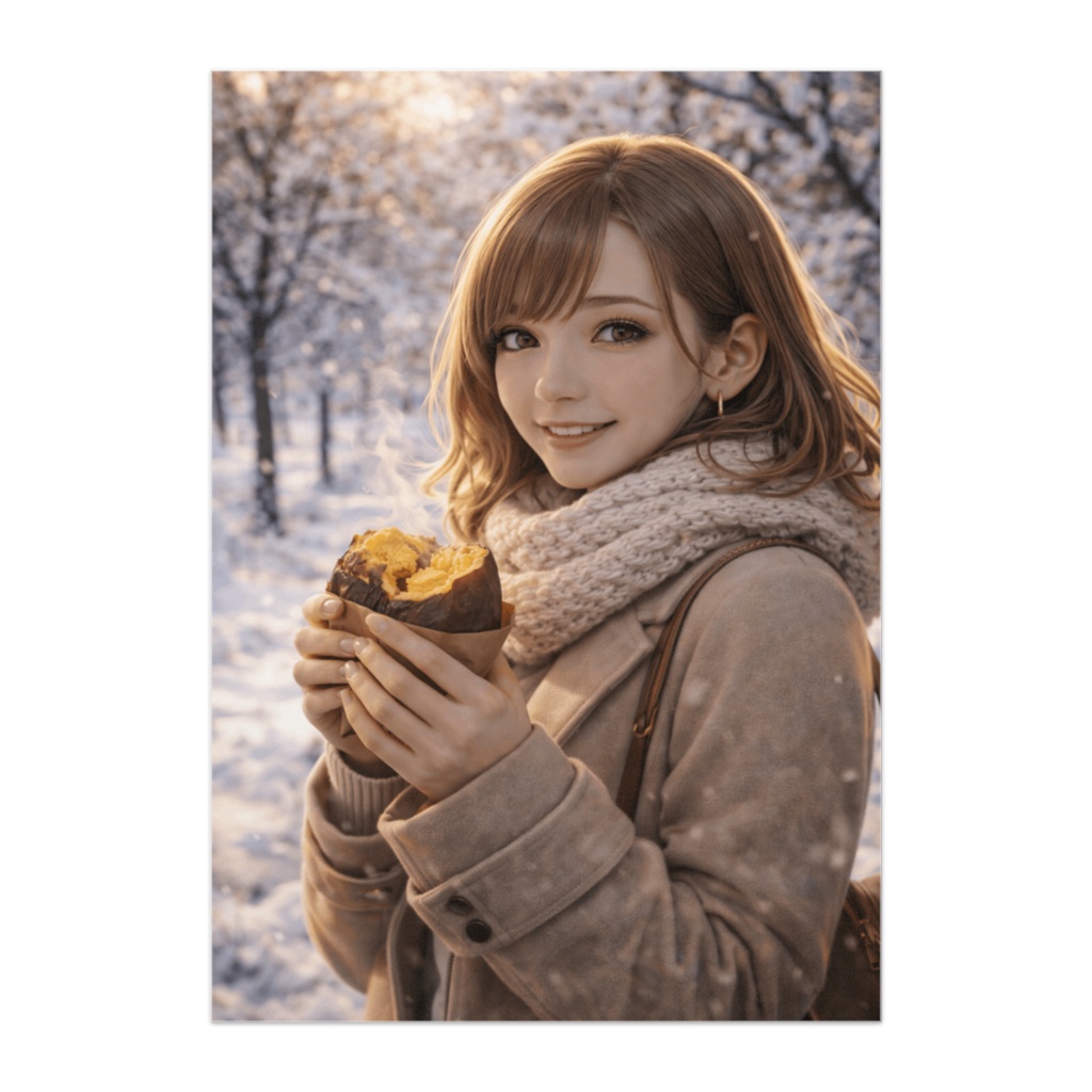 雪景色と焼き芋の女性ポスター｜冬のやさしい光フォトアート