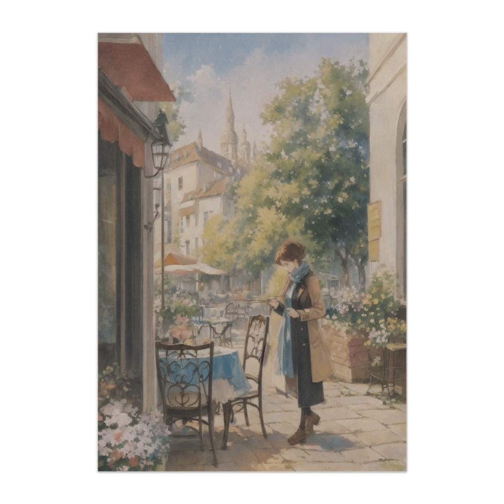 やわらかな陽射しのヨーロッパ街角カフェ風景ポスター