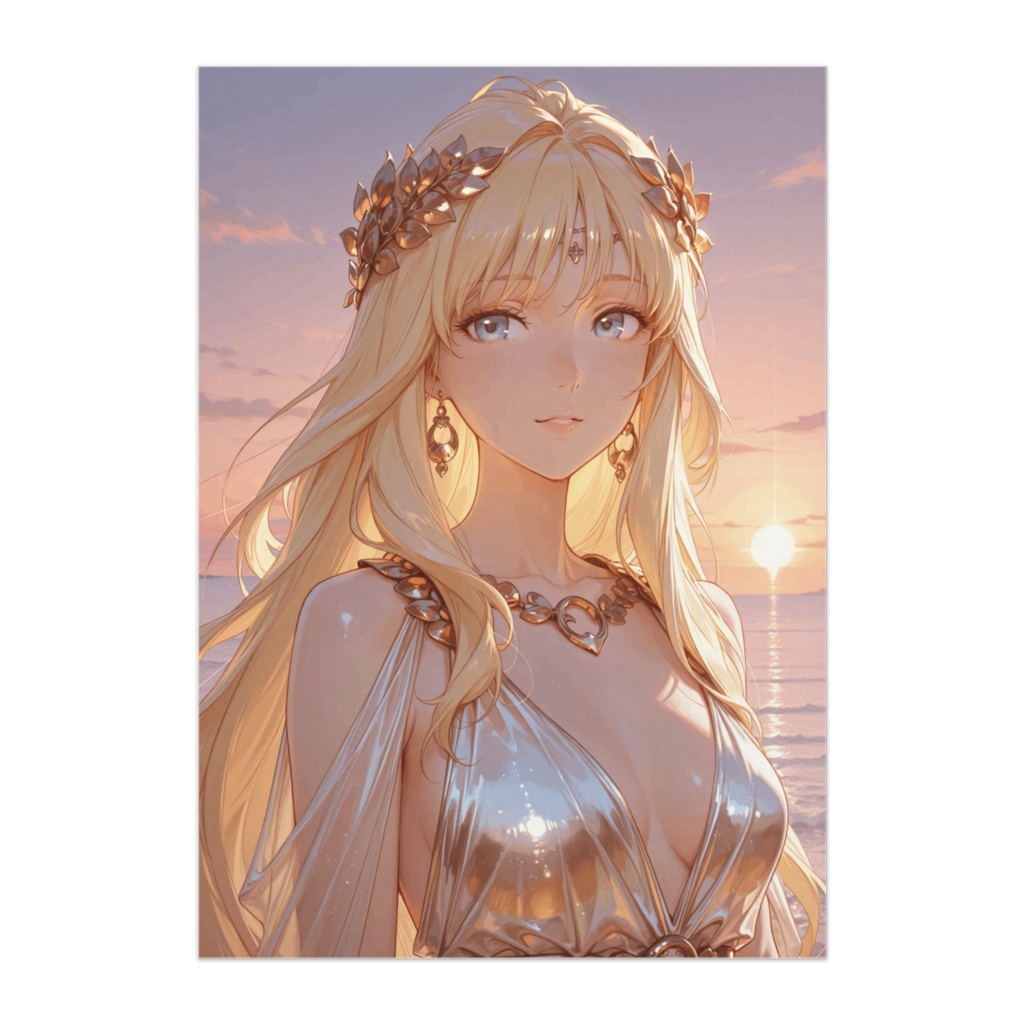 夕映えの海辺に佇む光の女性ポスター
