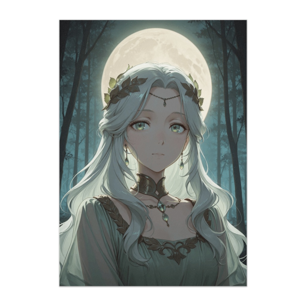 満月の森に佇む神秘的な女性ポスター