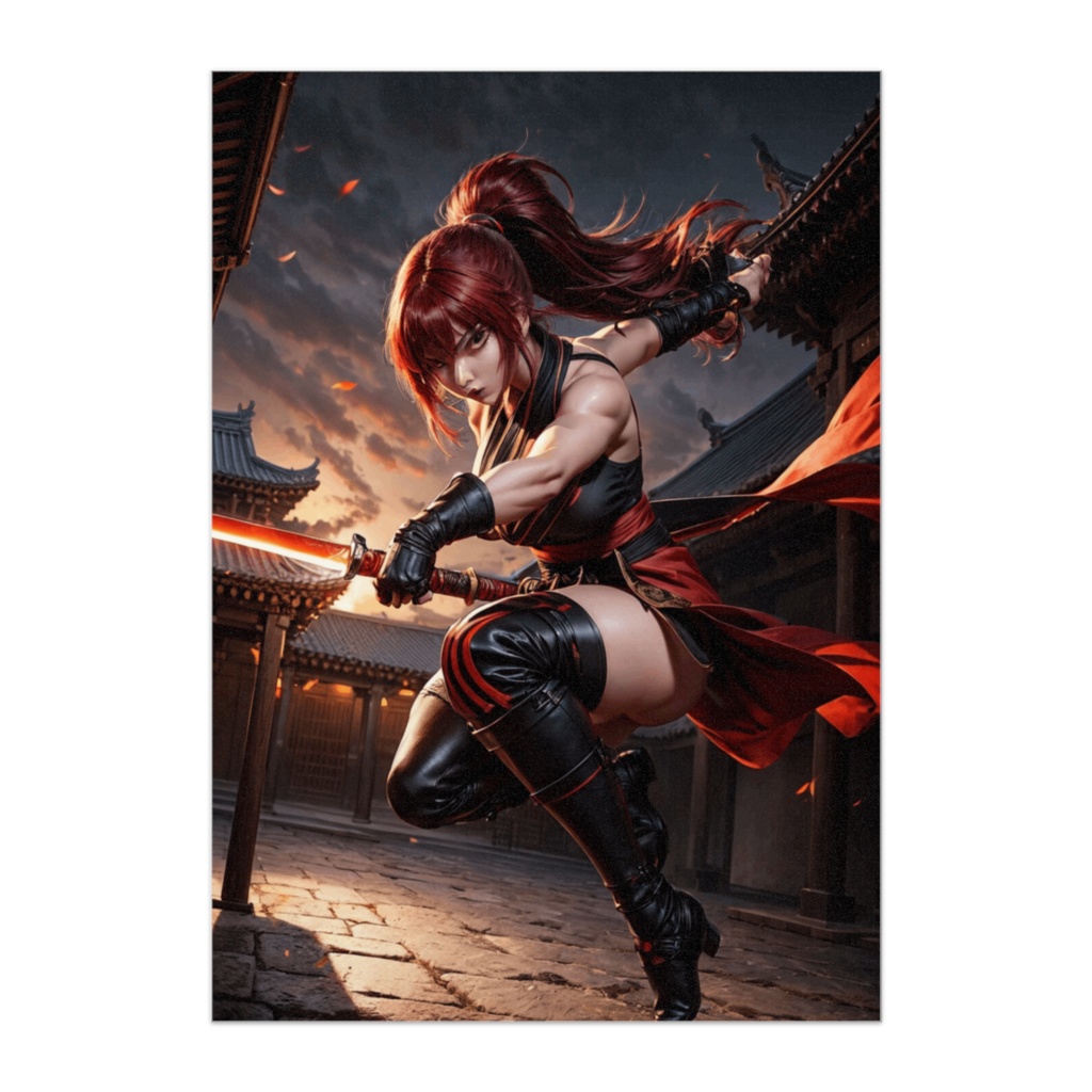 紅の疾風くノ一 — 和風アクションポスター