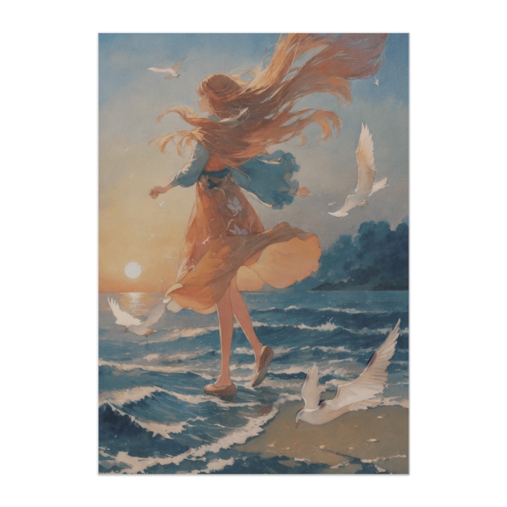 夕映えの波と風の少女