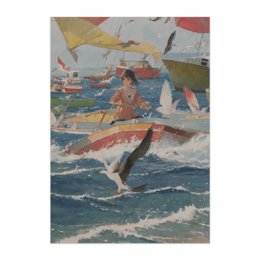 カラフルな港と波間のボート