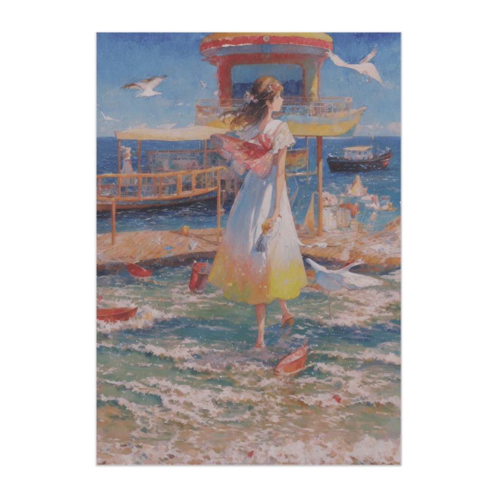 波打ち際の船着き場と風のドレス