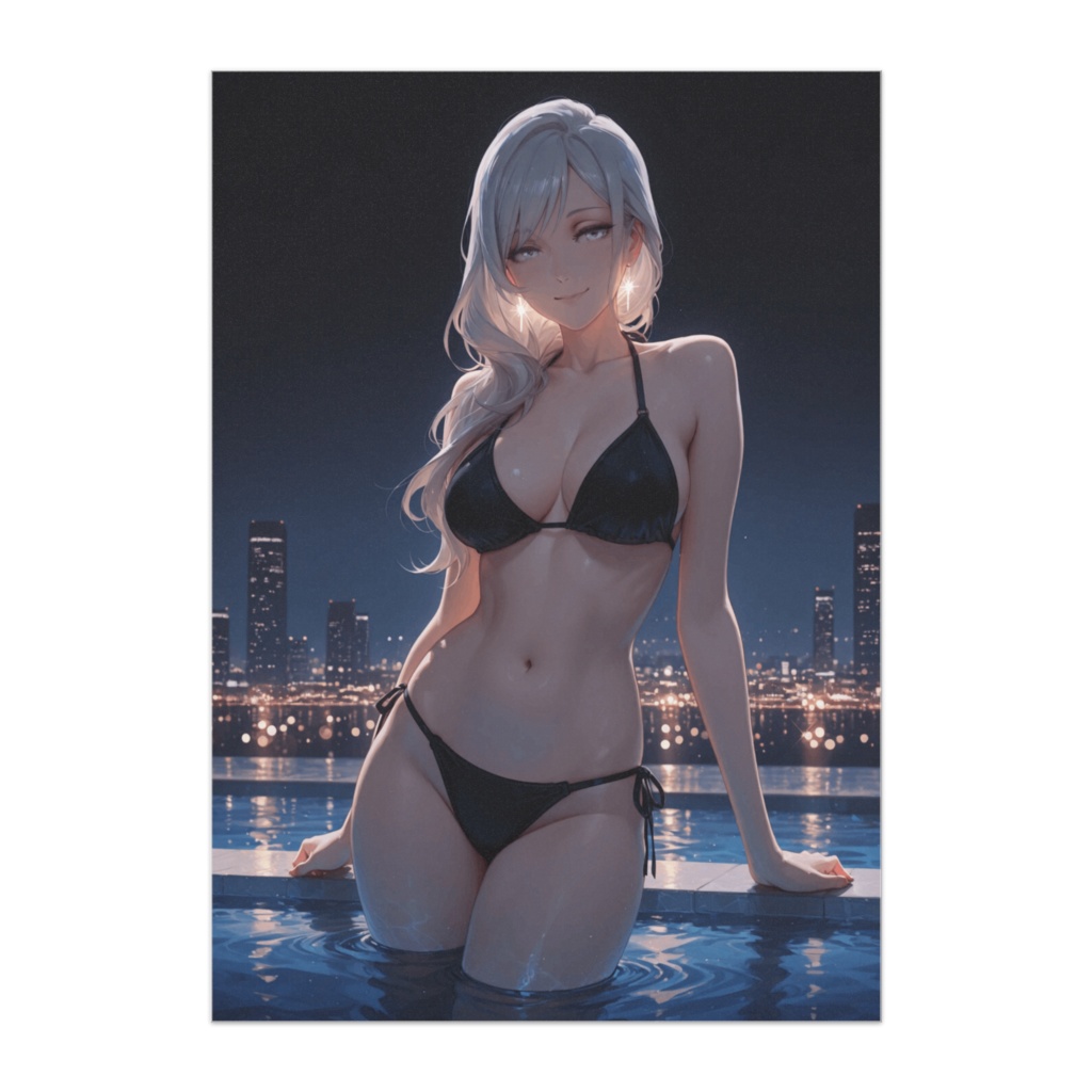ナイトプールに佇む大人の輝き ~ブラックビキニの静かな夜~
