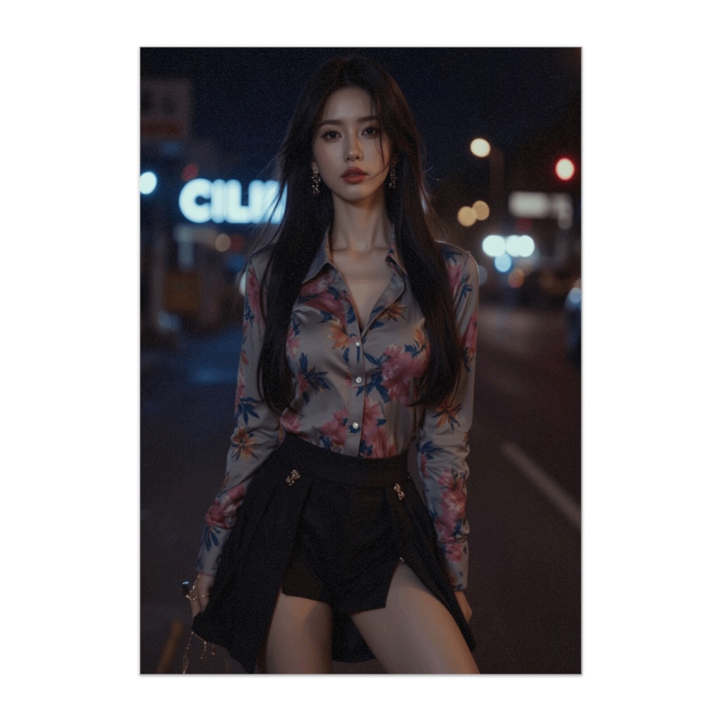 ネオン街に映えるレトロシティ美女ポスター