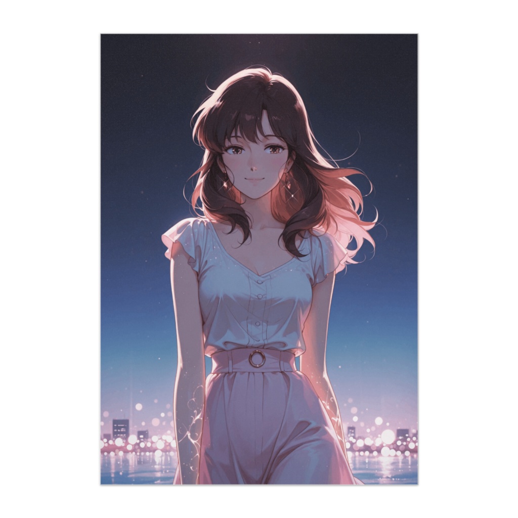 夜景と透明感のレトロファッションポスター(アニメイラスト風)