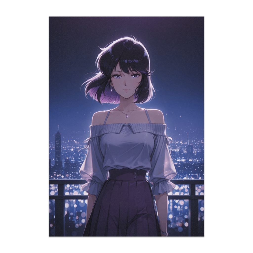 クールショートヘア夜景レトロポスター(アニメイラスト風)