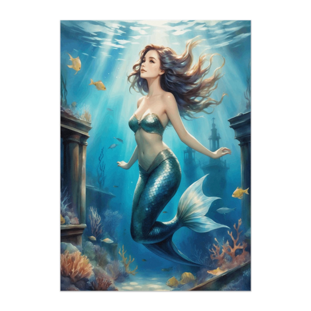 海底神殿の人魚 — 幻想水彩アートポスター