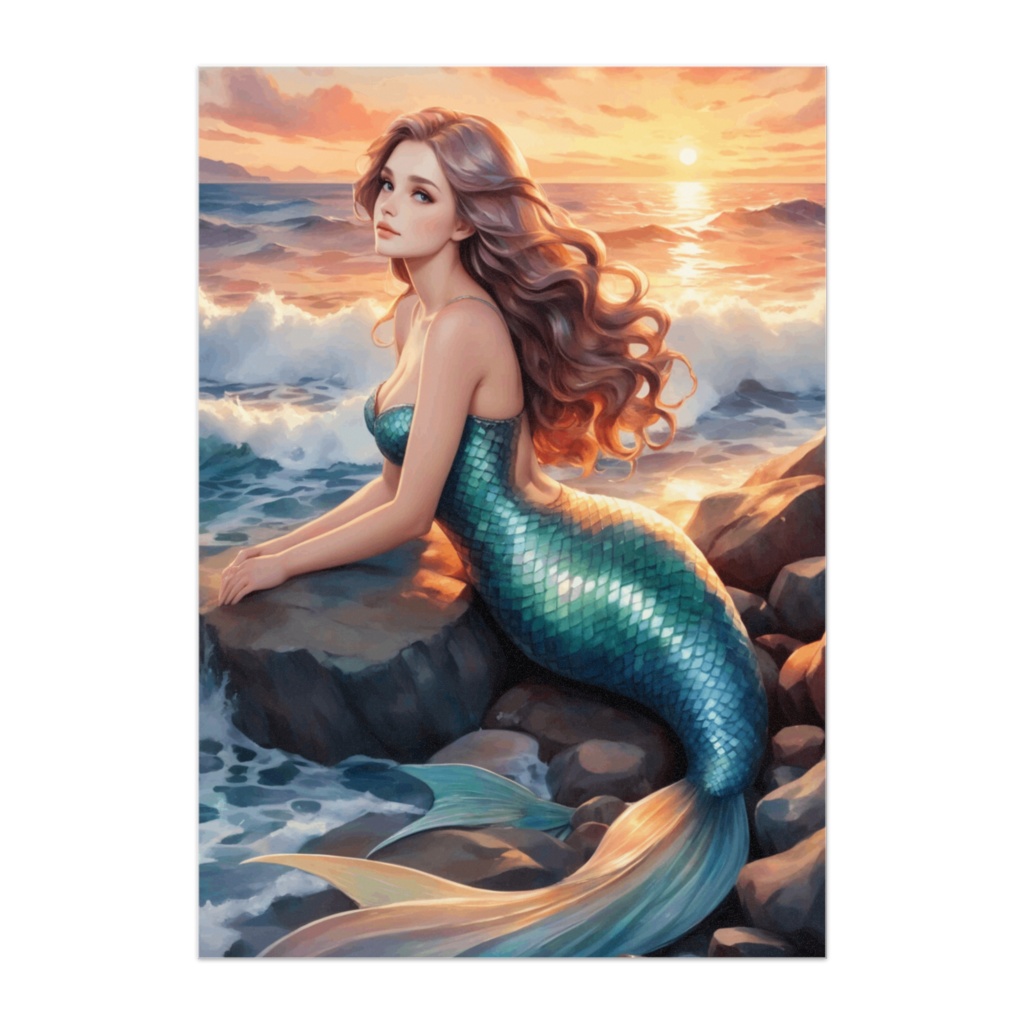 夕陽と人魚 — 海辺の幻想アートポスター