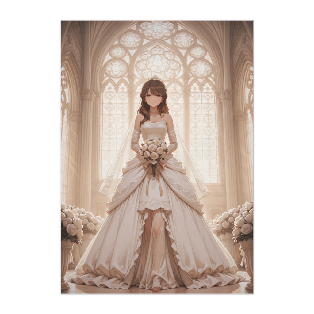 光に包まれる純白の花嫁 ― 大聖堂ウェディングアートポスター