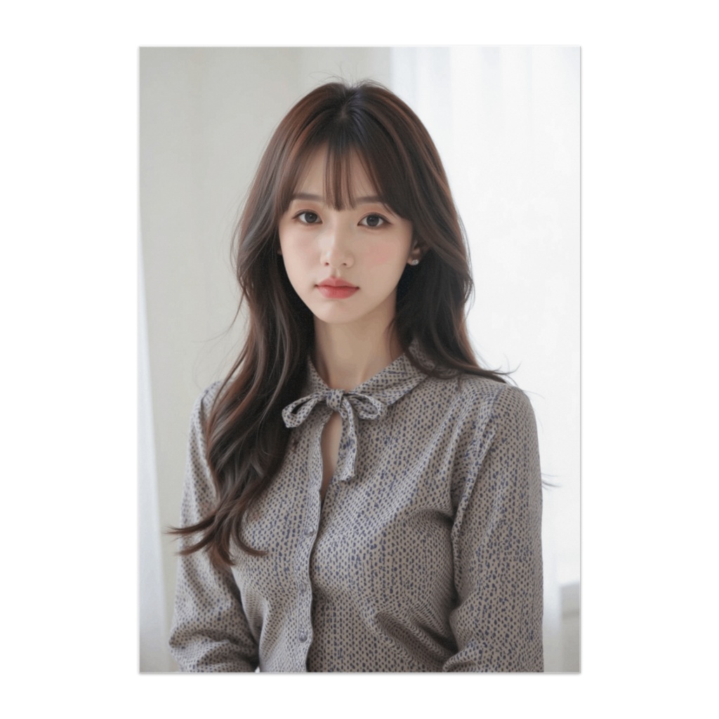 落ち着きと透明感を纏うシック柄ブラウスポートレート