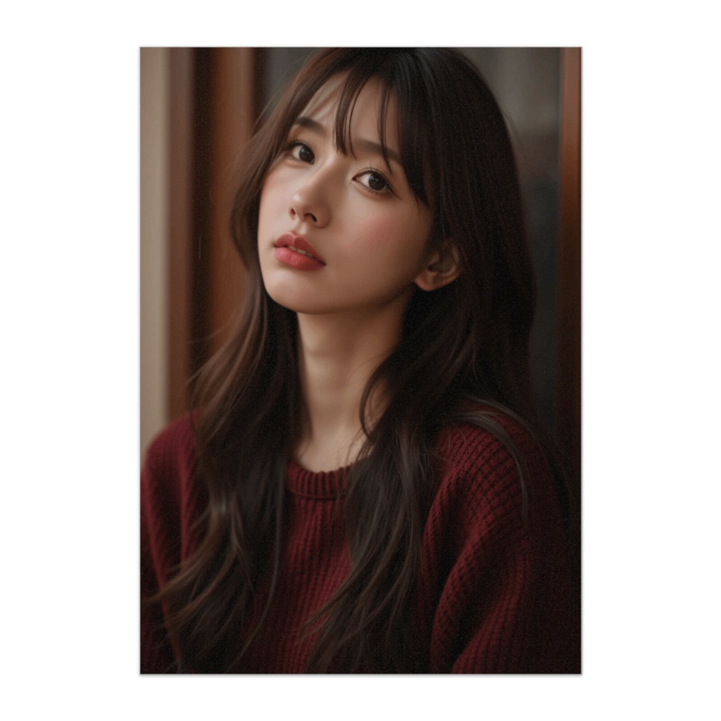 夕光に染まるやさしい眼差し ― レッドニットポートレート